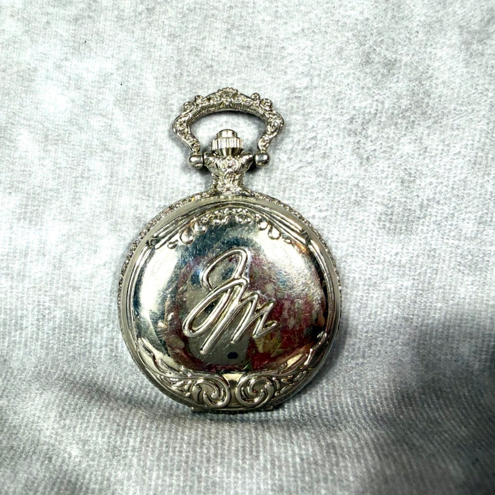 Vtg Pocket Watch Quartz Silver Tone Hunter Case Ornate Floral Japan Movt WORKING